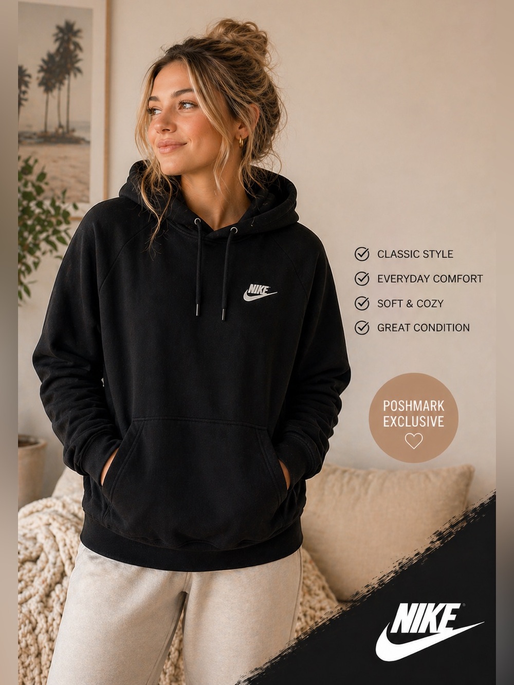 🌸 4/$20 Sale -Nike Black Crewneck Hoodie with White Swoosh